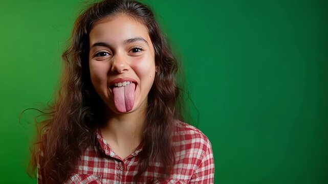 Teenager with long brown hair playfully sticking out her tongue against a vibrant green screen background, showcasing a cheerful and mischievous expression in a close up portrait