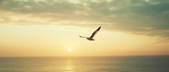 A solitary bird soars gracefully above the ocean under a golden sunrise, symbolizing freedom and tranquility.