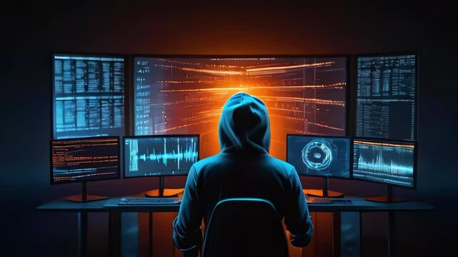 Unknown hooded figure sits near multiple computer monitors with secret data. Hacker breaks into and steals encrypted personal data.