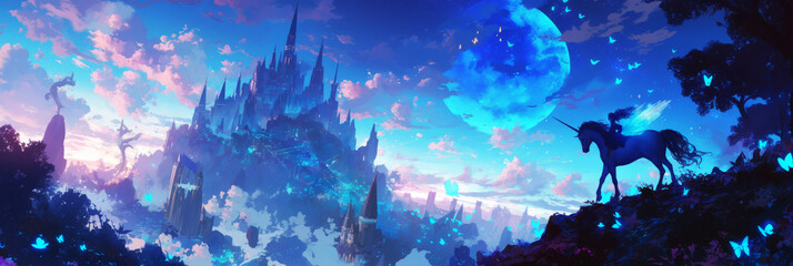A fairy tale castle stands majestically on a hill, as a unicorn gallops through the sky. The magical, dreamlike scene captures the essence of fantasy and wonder, banner