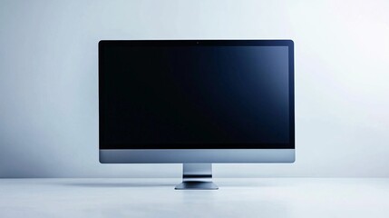 Fototapeta premium Minimalistic desktop monitor with no background, thin bezels, and a simple silver stand, displayed in an open white space