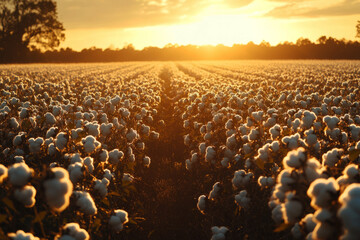 Fototapeta premium A peaceful cotton field at sunrise, soft light casting a warm glow on fluffy white bolls, stretching toward the horizon