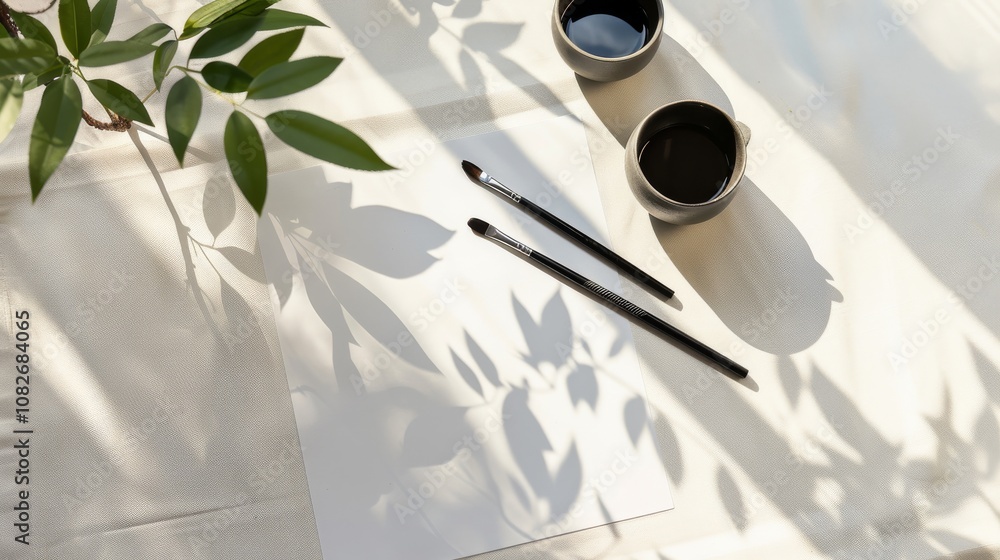 Poster an elegant calligraphy setup in a minimalist room, calligraphy brush and ink precisely placed, zen m