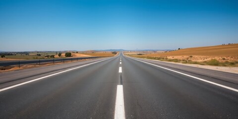 Fototapeta premium Smooth black asphalt road winding through scenic countryside landscape, nobody, landscape, outdoors