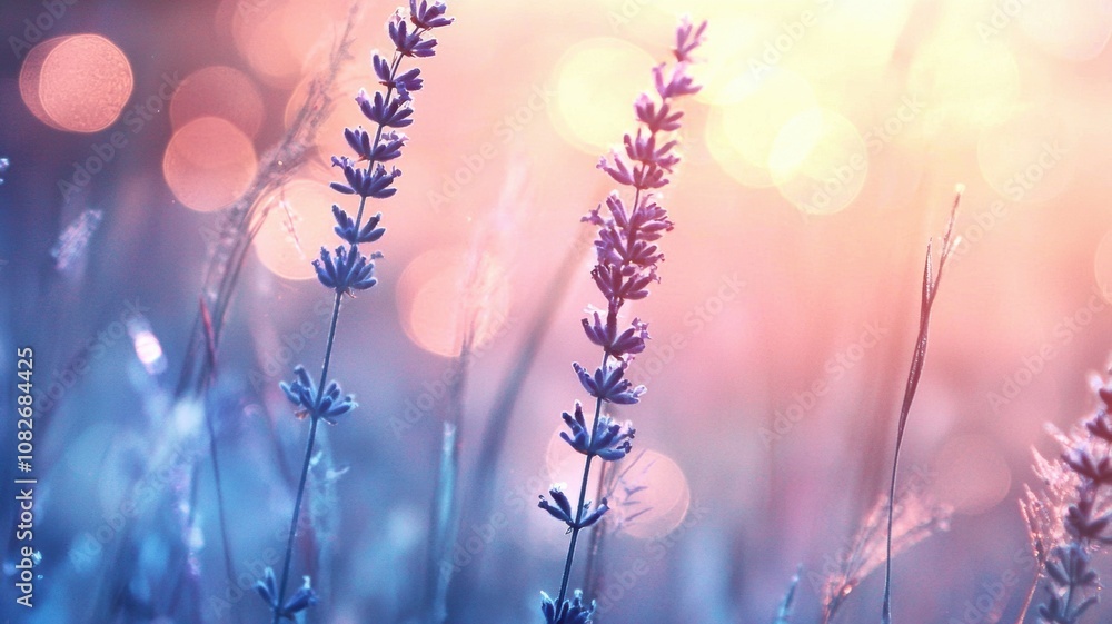 Poster serene lavender fields bathed in ethereal dreamy glow with soft bokeh effect and cool shades of blue