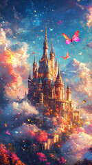 A charming storybook illustration of a magical forest and fairy tale castle, with flying fairies, butterflies, and a unicorn. The scene glows with light and stars, evoking fantasy
