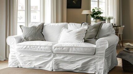 A white sofa with pillows in a living room.