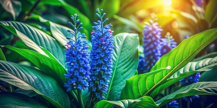 Vintage Style Photography of Dichorisandra thyrsiflora Blue Ginger Plant Showcasing Tropical Beauty with Lush Green Foliage and Striking Blue Flowers in a Natural Setting