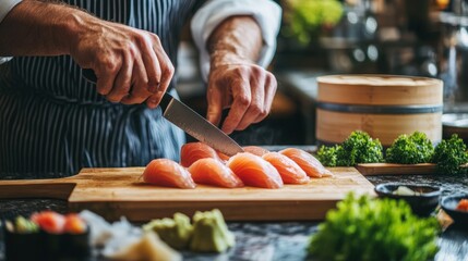 Professional sushi chef skillfully slicing fresh tuna fillet at a traditional sushi counter, emphasizing precision and the textures of the fish, with hands and knife in focus