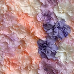 Soft pastel colored flowers arranged in a seamless pattern, creating a delicate and romantic floral background