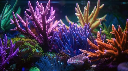 Obraz premium A vibrant coral reef aquarium with colorful corals and anemones.