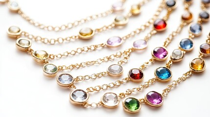 Obraz premium Elegant Close-Up of Colorful Gemstone Necklaces on a White Background Showcasing Craftsmanship and Style for Jewelry Enthusiasts and Fashion Lovers