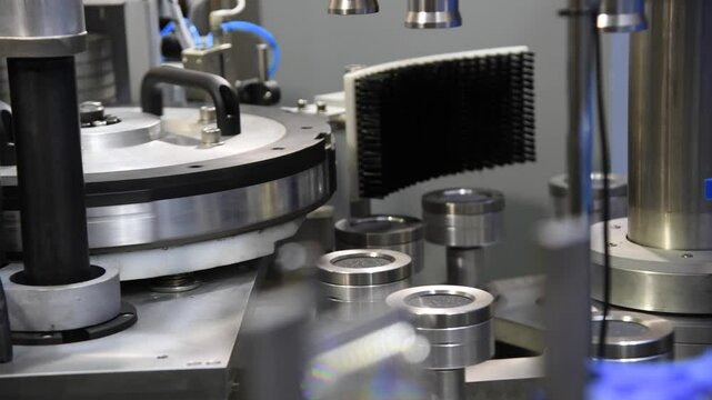 Close-up view of working modern empty metal bottle label applying machine on bottling plant. Soft focus. Copy space. Real time handheld video. Industrial equipment theme.