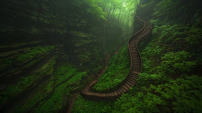 A staircase winding through a lush, green forest, symbolizing growth, renewal, and nature's enduring power. 