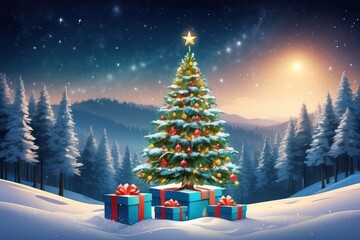 Obraz premium empty christmas table background with christmas tree out of focus for product display montage