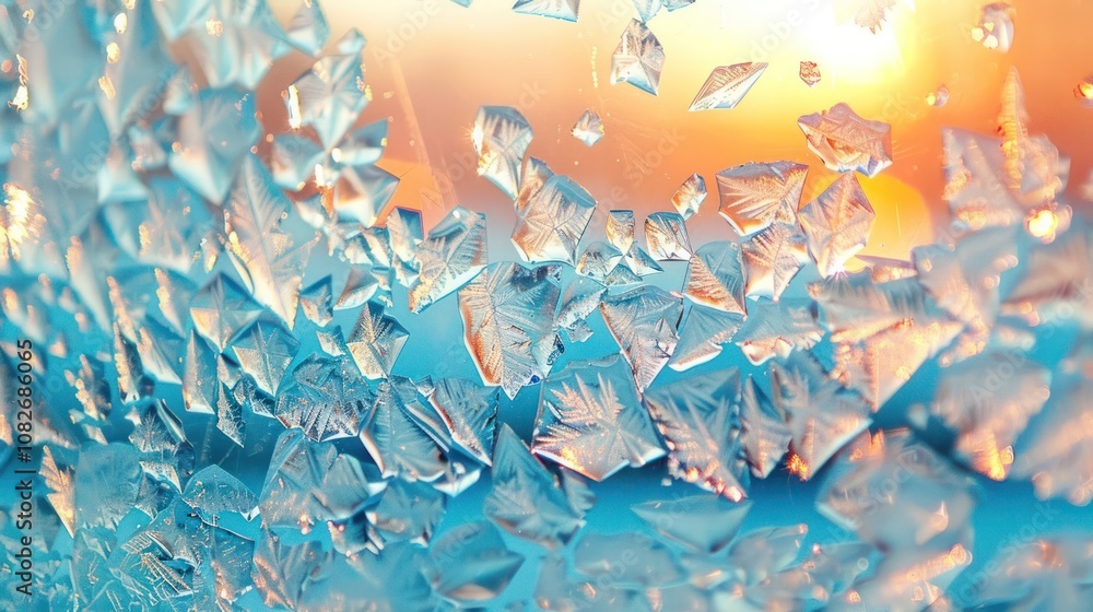 Poster abstract frost patterns on a windowpane with a warm sunset in the background.