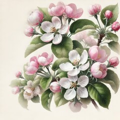 優雅なピンクと白の花が柔らかい背景に描かれ、自然の美しさと繊細さを際立たせています。花びらと葉が調和したデザインです。