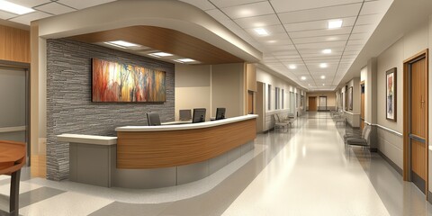 grey and cream modern hospital corridor with different rooms and wooden desk reception 
