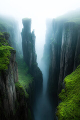 A breathtaking view of steep, moss-covered cliffs shrouded in mist, revealing a deep canyon below, Ideal for travel blogs, nature documentaries, or landscape art, This image captures serene beauty,