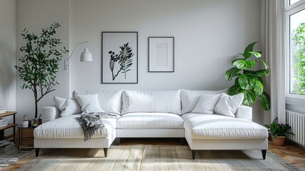 A modern living room with a white sectional sofa, a rug, a plant and a window.