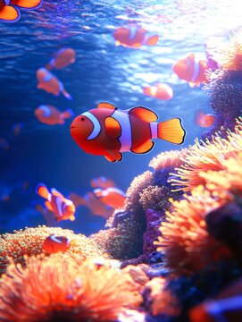 Vibrant underwater scene featuring colorful clownfish swimming among bright coral formations, perfect for marine life education, environmental awareness campaigns