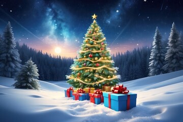 empty christmas table background with christmas tree out of focus for product display montage