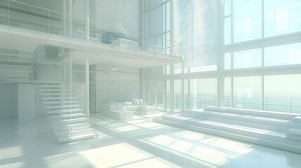 Obraz premium Modern white loft apartment with large windows, a staircase, and a view of the sea.