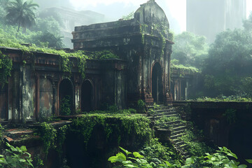 Illustration - Jungle Temple Ruins, Overgrown, Nature Reclaiming Architecture