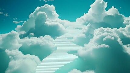 Artistic rendering of steps made of light leading up into the clouds. 
