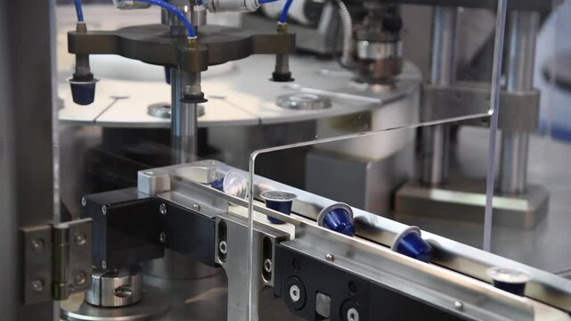 Close-up view of modern coffee pods making machine. Group of blue coffee capsules moves on narrow conveyer belt. Soft focus. Real time handheld video. Coffee manufacturing plant theme.