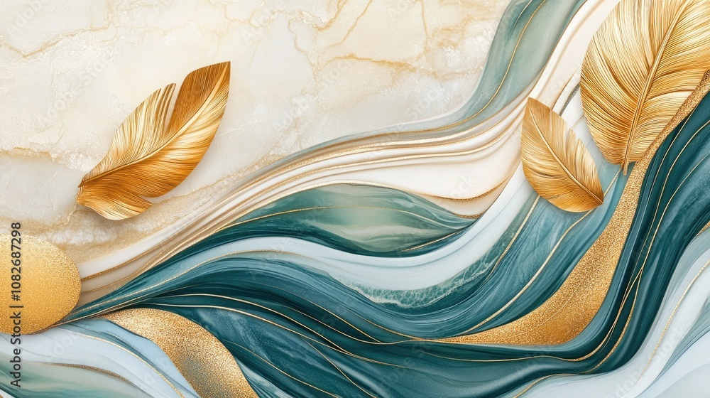 Poster elegant abstract background with golden leaves and flowing patterns, featuring soft turquoise and wh