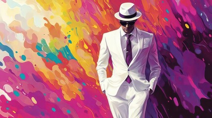 charming fictional character created by ai, depicted as the ideal man in a dapper white suit, exuding confidence and sophistication against a vibrant, artistic backdrop