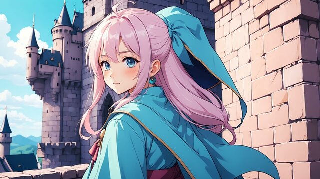 Close-up of a mage on an aesthetic castle wall anime background