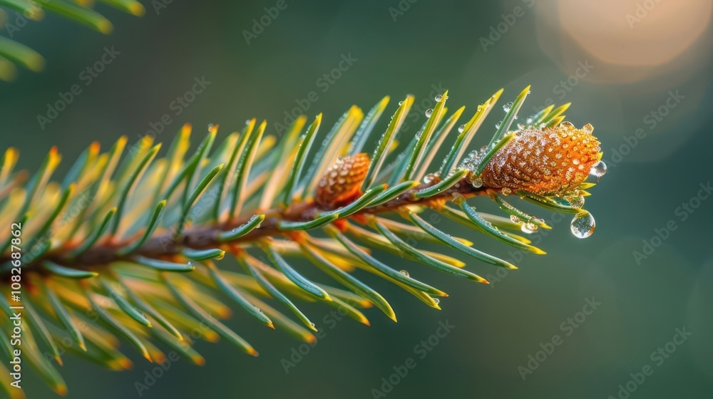 Poster close-up of a pine tree branch with dew drops on a new pine cone.