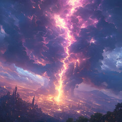 Fototapeta premium Illustration - Pink Lightning Storm over City