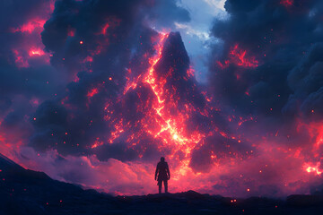 Fototapeta premium Illustration of Volcano Eruption, Lava, Fire, and Silhouette