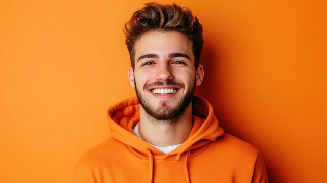 cheerful man in an orange hoodie, smiling warmly at the camera, isolated against a vibrant orange backdrop, radiating positivity and approachability