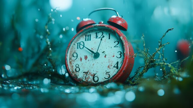 A close-up of a vintage red alarm clock submerged in dreamy blue water with moss and droplets, suggesting themes of time, nostalgia, and nature