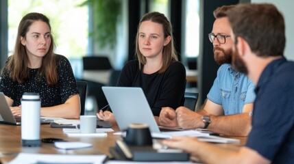 Group of four people having a discussion in a meeting room, working on laptops