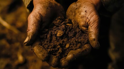 Obraz premium close-up of a farmer's hands gently cradling rich soil, symbolizing connection to the earth and dedication to agriculture and sustainability