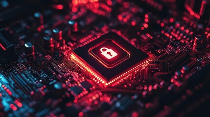 close-up of a computer motherboard featuring intricate circuitry and a safety lock icon, representing cybersecurity, with a sleek, modern aesthetic in dark tones