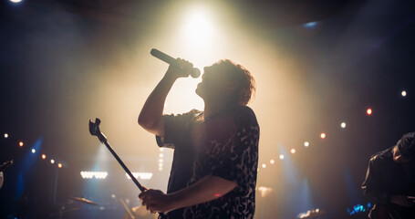 Portrait of a Stylish Lead Singer Performing at a Rock Concert Live on Stage. Talented Musician Bringing His Unique Attitude, Playing Energetic Rock Hits. Young Band Playing For the Crowd