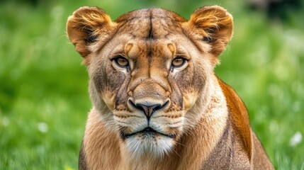 Obraz premium close-up of a lioness, her intense gaze piercing the camera, capturing her strength and grace; sunlit savannah backdrop