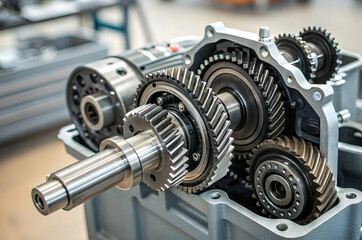 Fototapeta premium A close-up of a disassembled gear mechanism, showcasing intricate metal gears and a central shaft, highlighting the complexity of engineering in machinery.