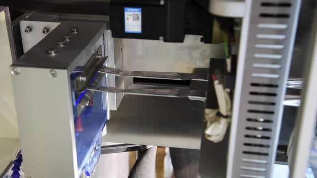 Close-up view of small sachet filling (with instant coffee, sugar, sauce or seasoning) and sealing machine. Real time handheld vertical video. Food and drink business production line theme.
