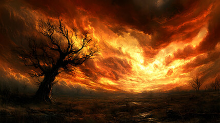 Illustration of Fiery Sunset Landscape with Bare Trees