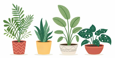 A vibrant illustration of four potted plants with varying shapes and designs, showcasing a variety of greenery in decorative pots.