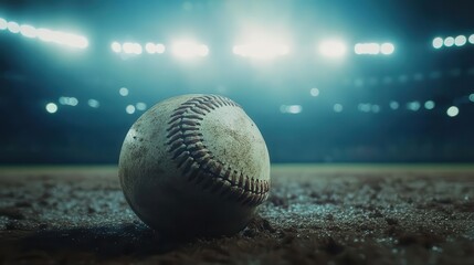 close-up of an aged baseball resting on a field, illuminated by bright stadium lights, conjuring a sense of nostalgia and excitement for the game