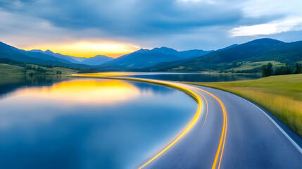 Lake and road at sunset