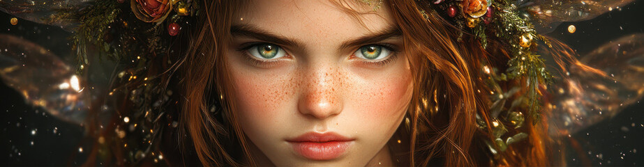 Fototapeta premium A captivating portrait of a young woman with striking features, adorned with natural elements, suitable for fantasy-themed projects, storytelling, or beauty-related content,